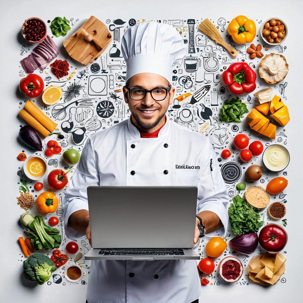 A vibrant collage showcasing a chef cooking with fresh ingredients on one side and a tech enthusiast working on a laptop with digital code on the other side, blending the excitement of culinary adventures with the allure of technology. Incorporate elements like blogging icons, kitchen utensils, and circuit patterns to enhance the theme of diversity in blogging. super-realistic. vibrant colors. white background.