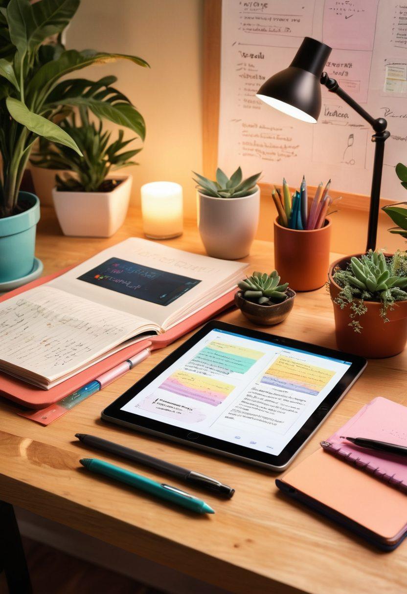 A beautifully organized workspace featuring a stylish digital tablet displaying a colorful journal app. Surrounding the tablet are various stationery items like pens, sticky notes, and inspirational quotes. In the background, there’s a cozy nook with plants and warm lighting, creating an inviting atmosphere for journaling. Overlay subtle abstract designs to symbolize creativity and flow. super-realistic. vibrant colors. cozy aesthetic.