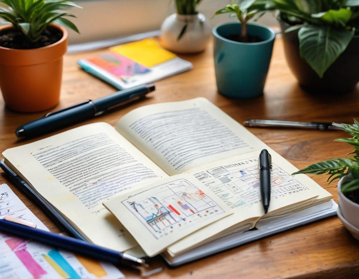 A visually captivating open journal with vibrant pages filled with colorful sketches and notes, a vintage fountain pen resting beside it, surrounded by a digital tablet displaying engaging blog statistics. In the background, a serene workspace with plants and soft lighting, symbolizing creativity and inspiration. super-realistic. vibrant colors. cozy ambiance.